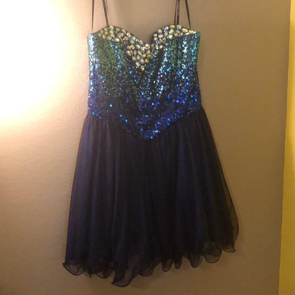 Strapless cute blue sequin cocktail dress